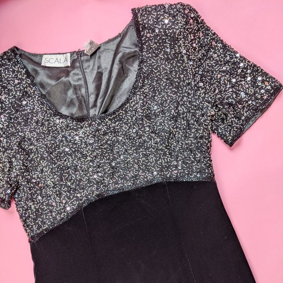 Vintage 90s Beaded Black Velvet Formal Maxi Dress - Picture 5 of 6